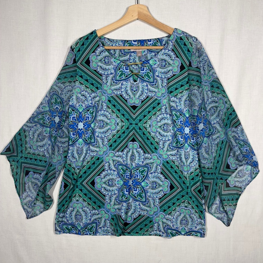 Roz Ali Blouse Womens L Boho Top Paisley Bell Sleeve Gold Keyhole Maximalist